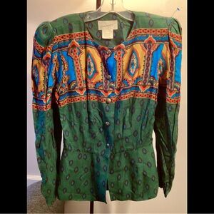 S Vintage Early Boho 1980s Ethnic Colorful Button Front Too Blouse Green Gold
